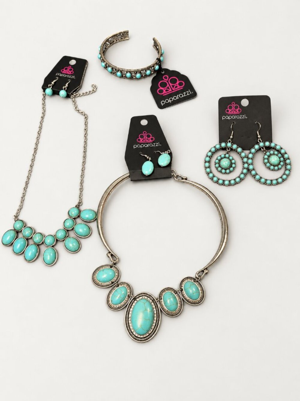Paparazzi Turquoise Color Jewelry Bundle 2 Necklace Sets Earrings Cuff